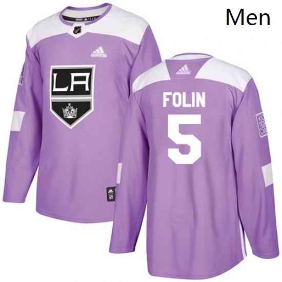 Mens Adidas Los Angeles Kings 5 Christian Folin Authentic Purple Fights Cancer Practice NHL Jersey
